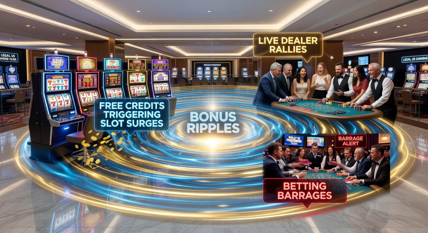 Dynamic slot reels spinning wildly as free credits spark a surge in plays across a neon-lit US gaming floor, with players crowding around machines amid flashing bonus lights