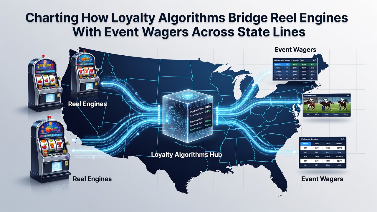 Loyalty algorithm dashboard showing connections between slot gameplay data and sports betting recommendations across state platforms