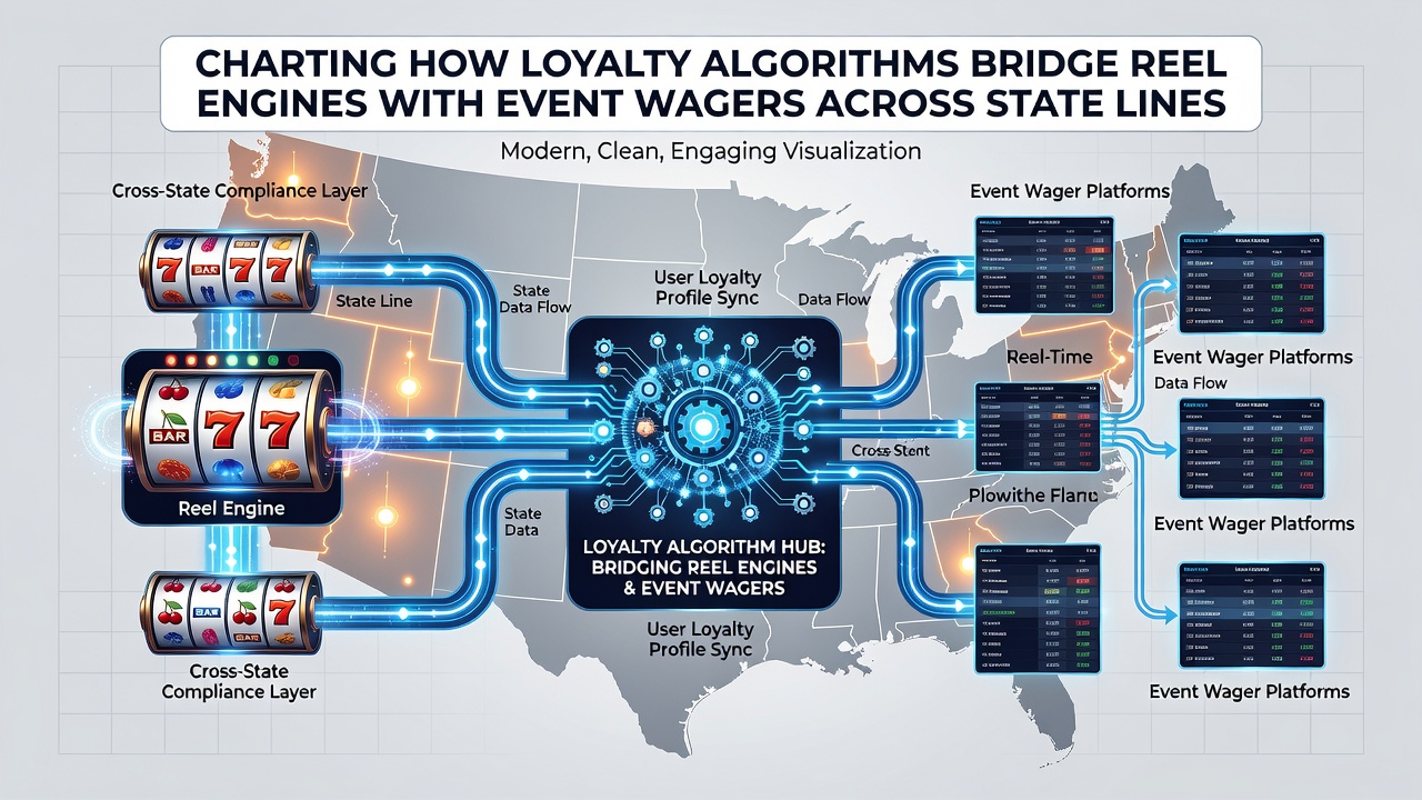 Network diagram illustrating loyalty point transfers between slot machines and sports betting interfaces in different states