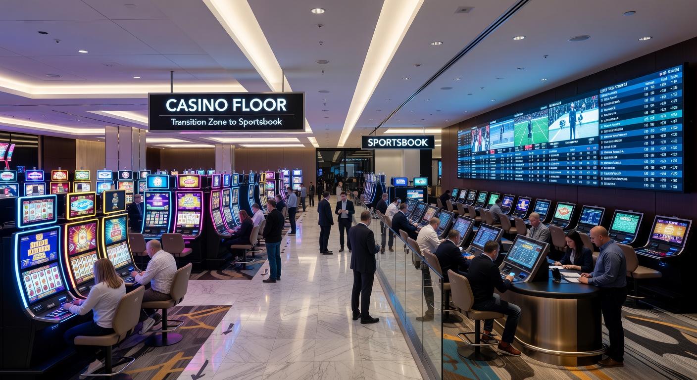 Casino floor transitioning into sportsbook area with players moving between slots and betting terminals
