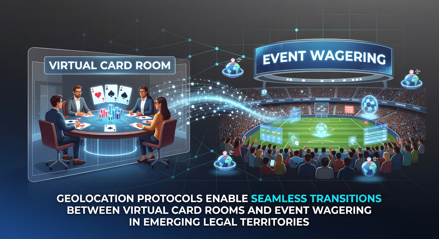 Geolocation technology mapping virtual card rooms to event wagering platforms across regulated boundaries