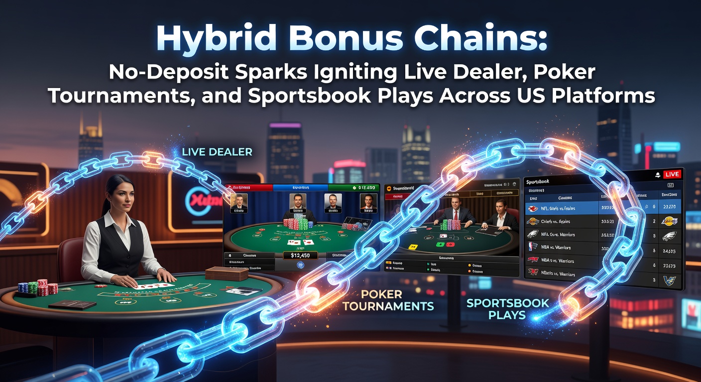 Illustration of interconnected bonus chains linking no-deposit offers to live dealer tables, poker events, and sportsbook bets on US online gaming platforms