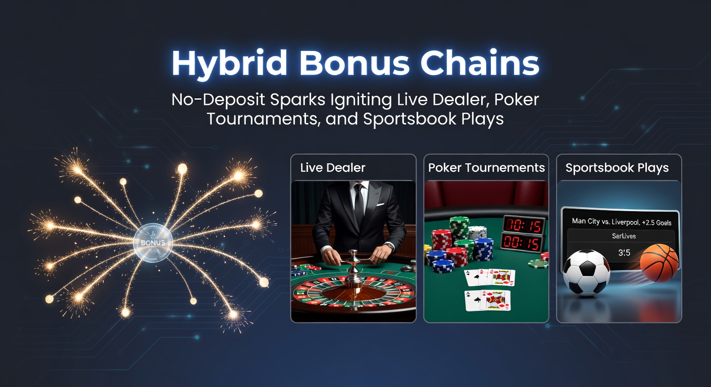 Screenshot of a hybrid bonus chain interface on a US platform, showing progression from no-deposit to live dealer credits and poker tournament entries