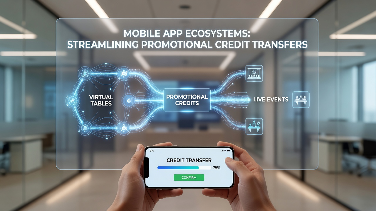 Flow diagram of promotional credits moving from online table games to live event betting markets in a mobile app