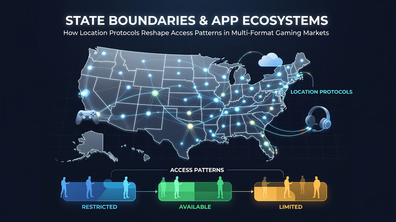 Map overlay showing state boundaries intersecting with gaming app interfaces and geolocation signals across US regions