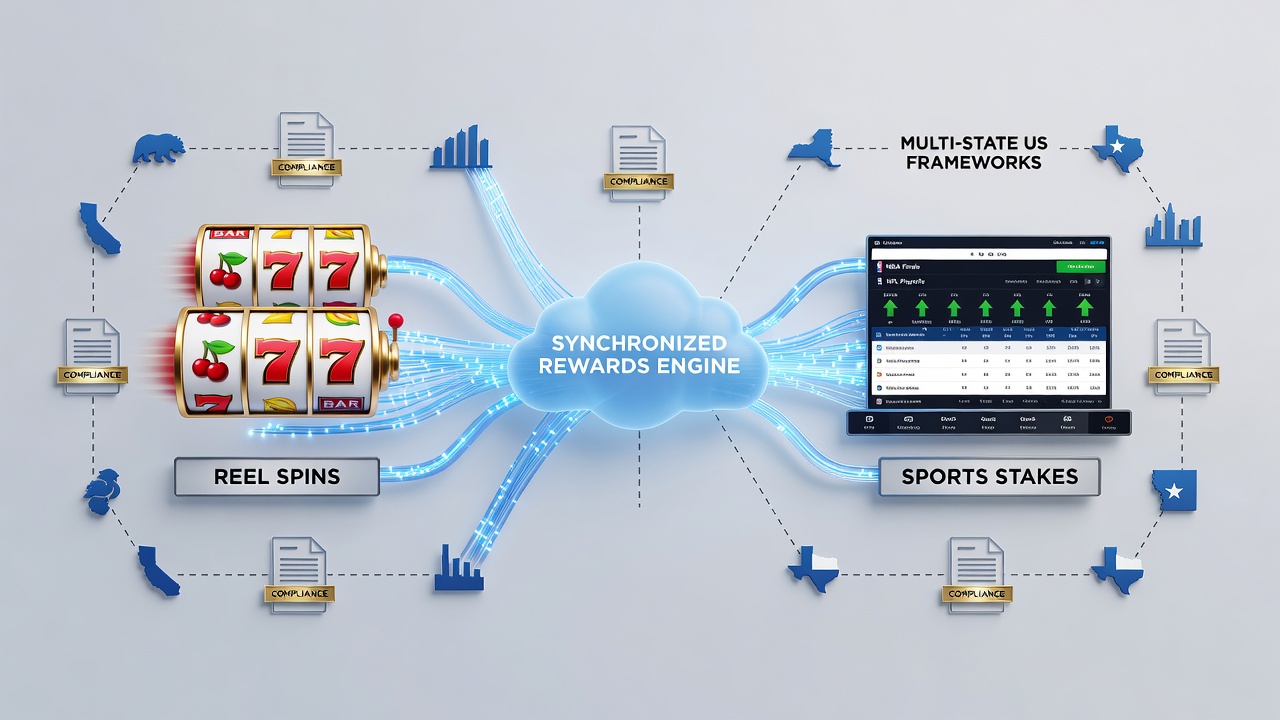 Data integration diagram showing reel spin metrics flowing into sports betting reward systems across US states