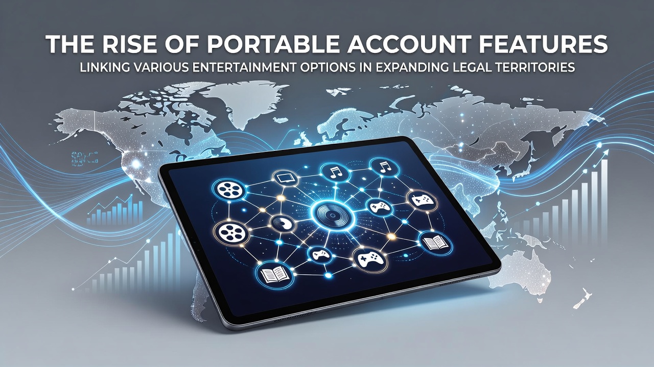 Illustration of interconnected gaming platforms showing portable accounts across slots, tables, and sports betting in legal US states