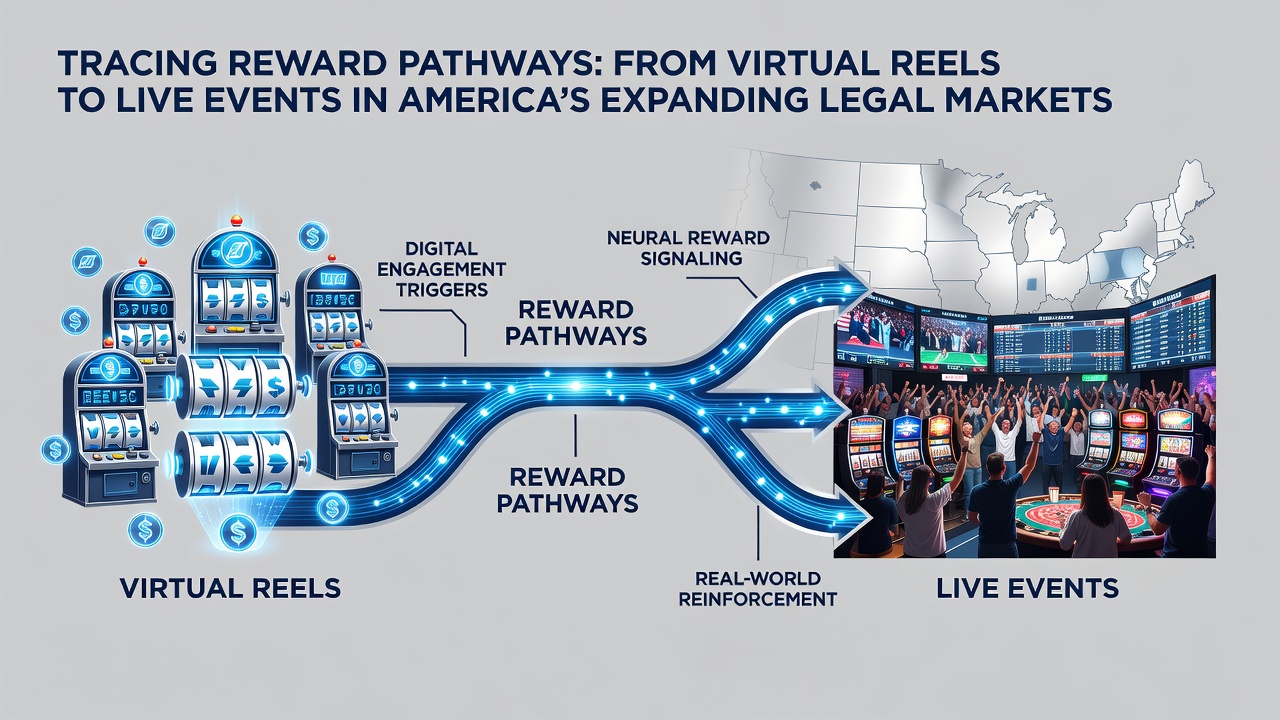 Illustration of player journey from mobile slot interface through loyalty points to live tournament registration screen